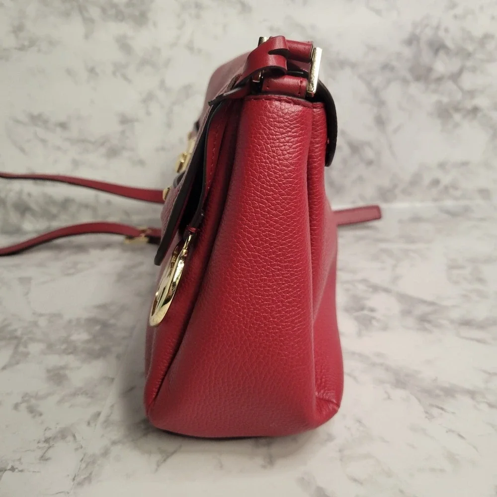 Michael Kors Red‎ Pebbled Leather Studded Flap Crossbody Bag Gold Hardware